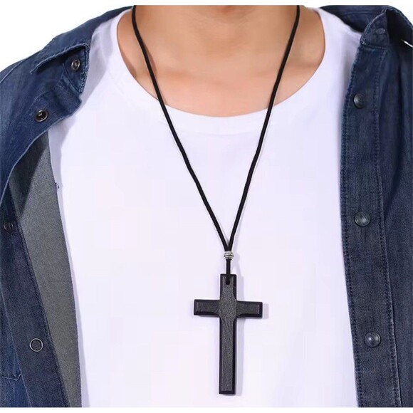 Handmade Black Wooden Cross Necklace on Cord for Men, Women & Children - Picture 6 of 6
